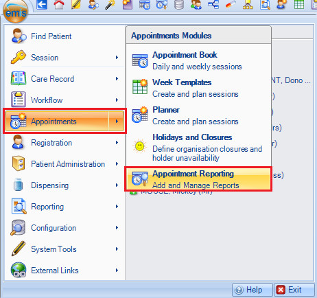 Appointment Reporting Menu
