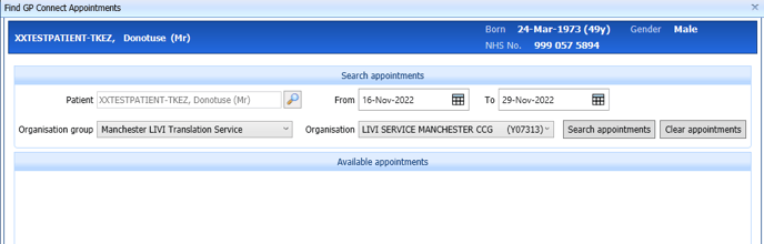 Find GP Connect Appts - window